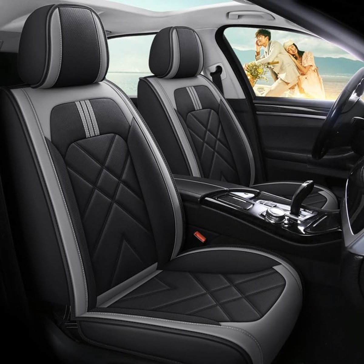 Autostoelhoes universeel waterdicht antislip kussen PU gewatteerde volledig ingesloten beschermer gereserveerde veiligheidsgordel socket airbag compatibel volledige set (kleur: zwart grijs,
