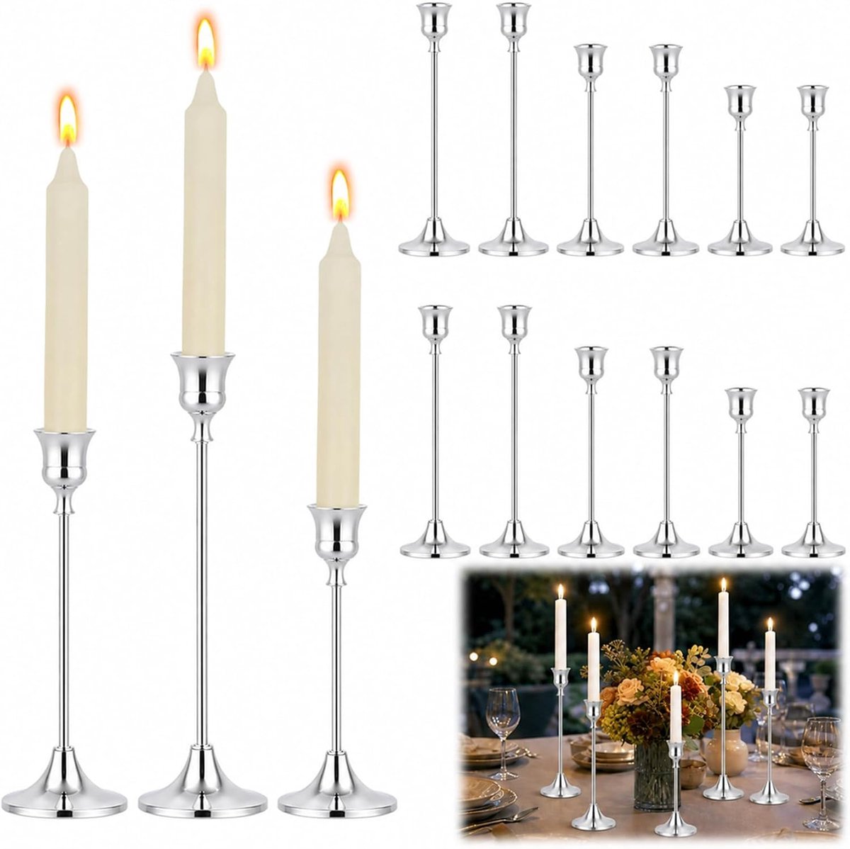 Goudkleurige kandelaar, set met 12 kandelaars
