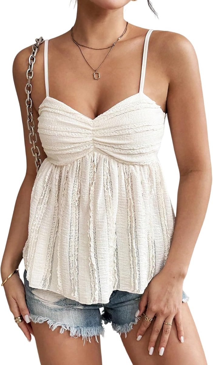 Vesttops voor vrouwen, UK zomer Sweetheart hals mouwloos cami top sexy ruches spaghettiband kant tank top schattig peplum babydoll-hemdje blouse casual rugvrij uitgaan tops voor strandfeest