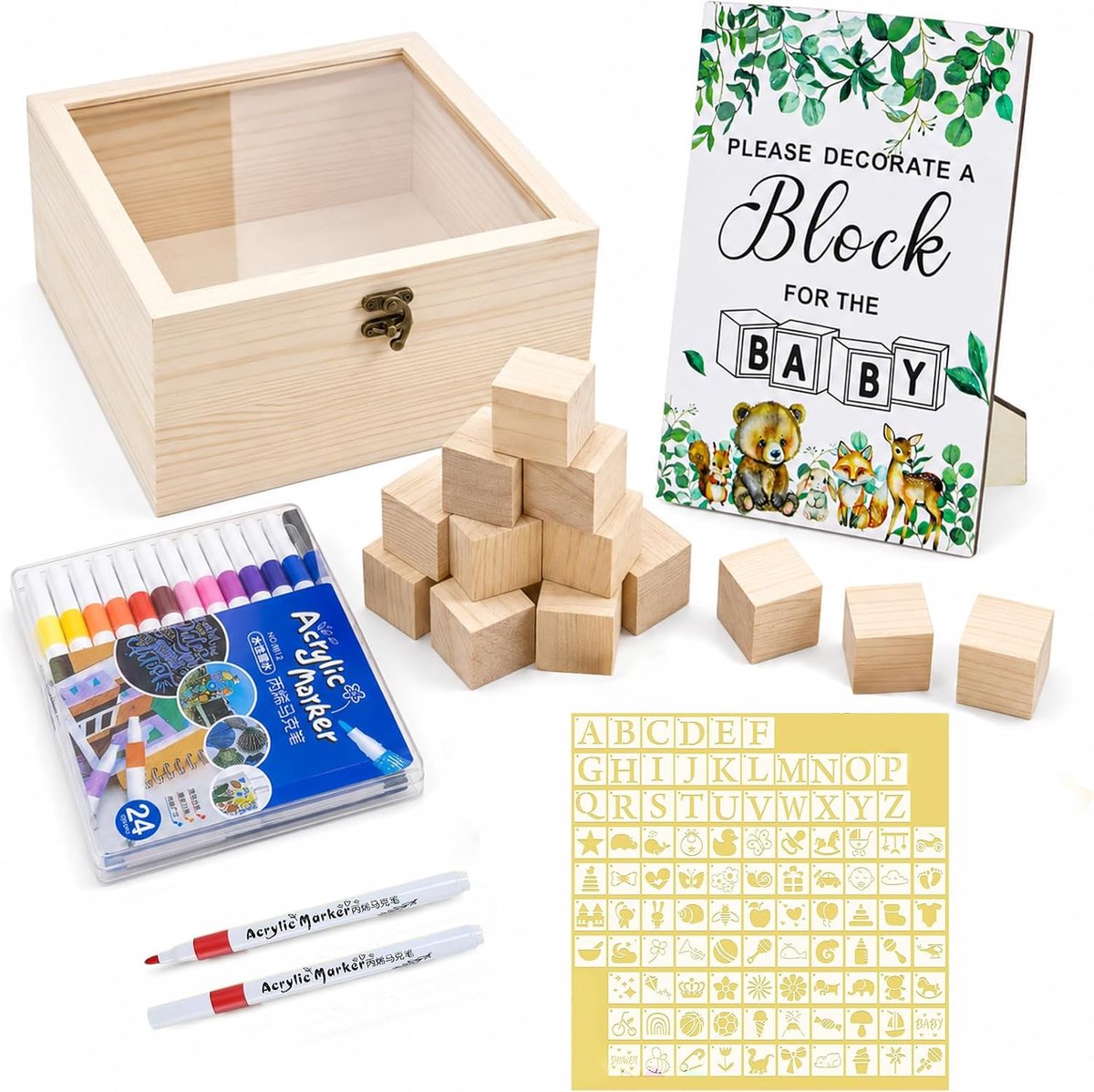 Speelset van hout, 176 delen met houten blokken, kleurstiften, sjablonen en opbergdoos, knutselspel voor babyshower, gender reveal & doop