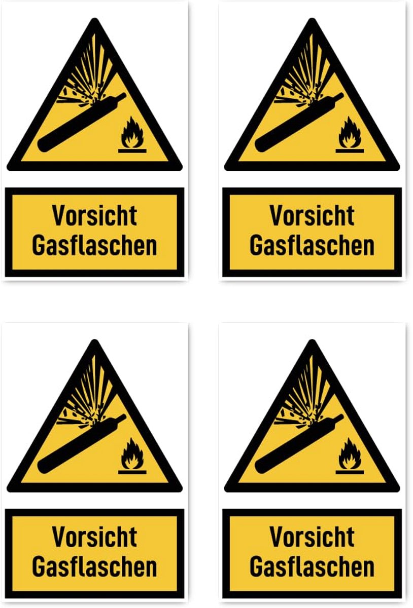 150x100 mm, 4 stuks - Voorzichtig gasflessen - Waarschuwingsteken met tekst (Duits) (geel/zwart) - rechtop - W029 - DIN EN ISO 7010 / ASR A1.3