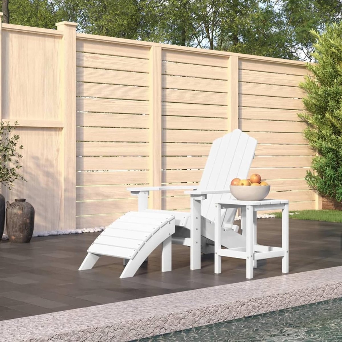 Adirondack J3095708 Tuinstoel met voetensteun en tafel, HDPE, wit, eetkamerstoelen, tuinstoelen, buitenstoelen