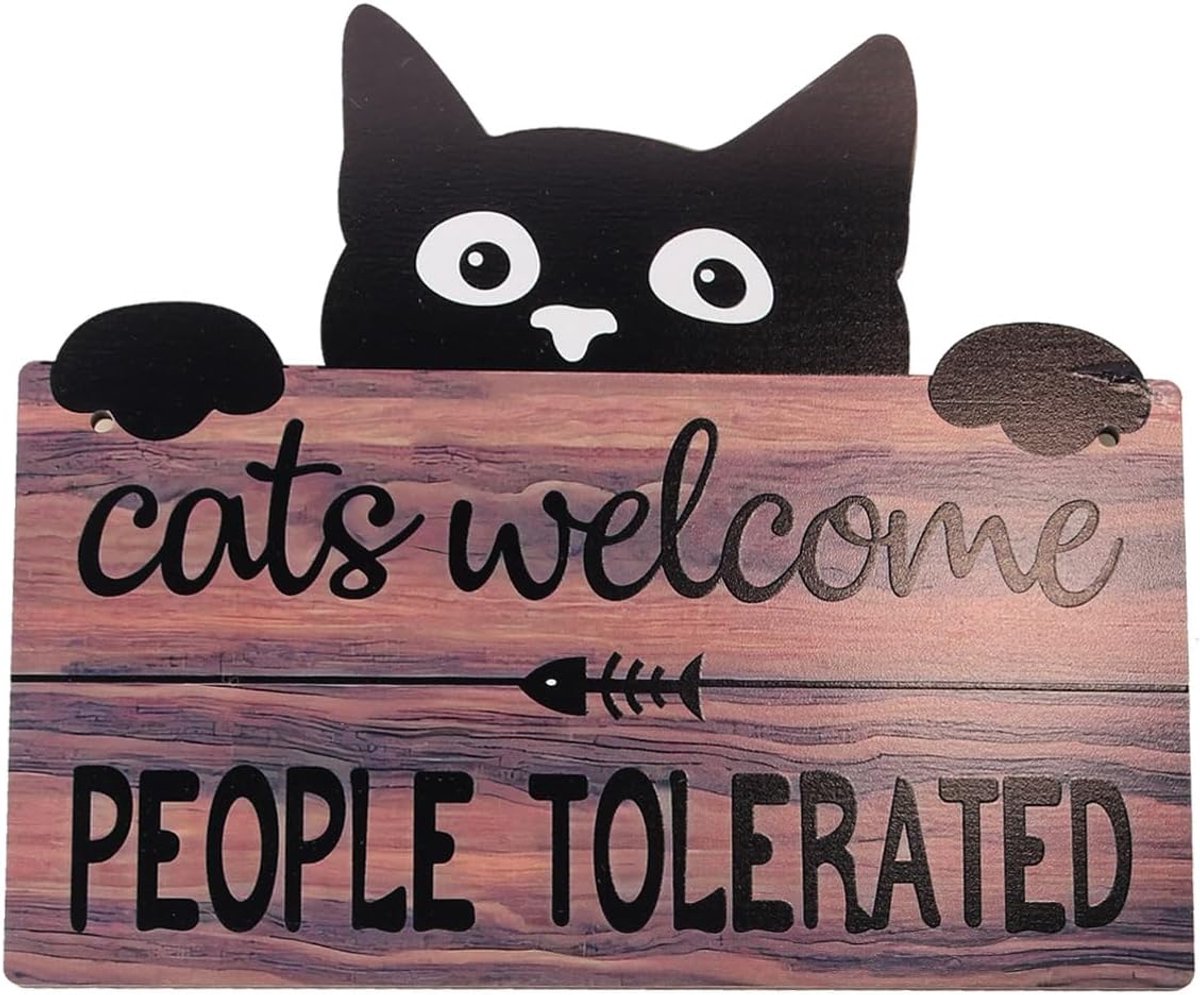 Zwarte welkomsthouten plaquette voor huisdecoratie, grappige kattencitaat 'Katten welkom', deurdecoratie met mensen getolereerd