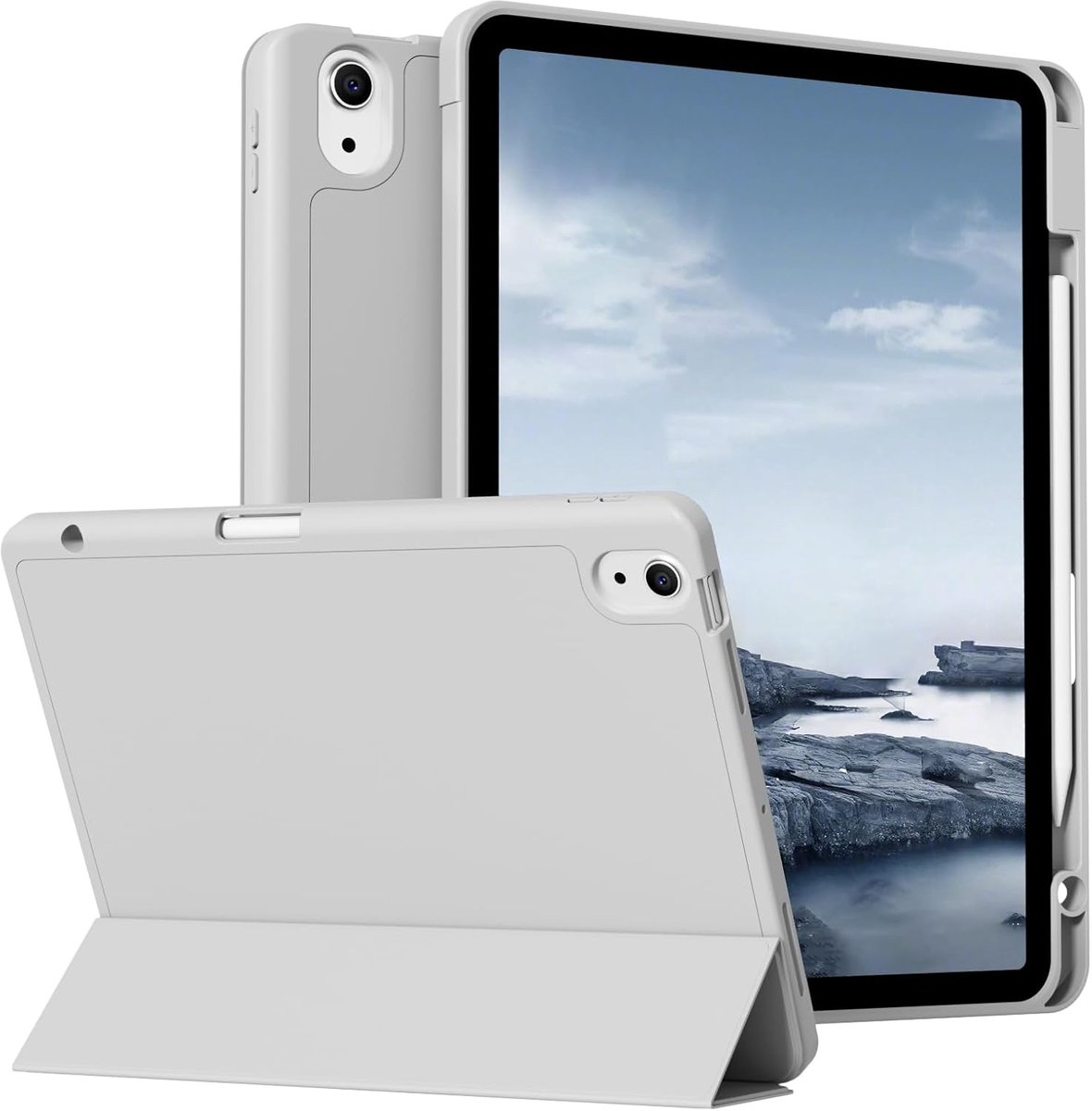 Compatibel met iPad Air 11 inch M2 2024 iPad Air 6 / iPad Air 5 2022/ iPad Air 4 2020 10,9 inch, flexibele TPU achterkant met penhouder, auto slapen/waaken, grijs