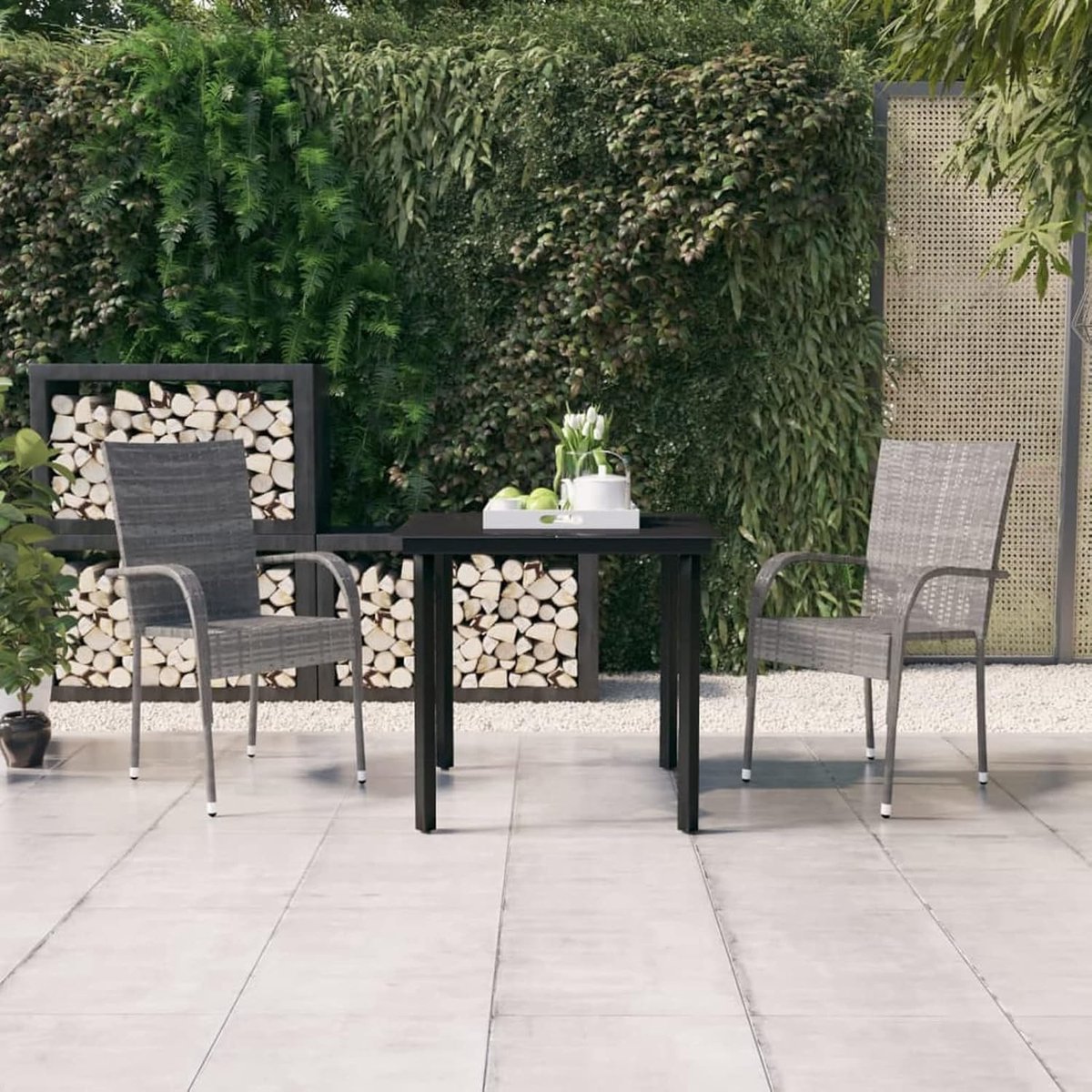 Tuin-eetkamerset, 3-delig, met kussens, tafel en stoelen, voor tuin, buiten, terras, binnenplaats, balkon, keuken, tuinmeubelen, rotan, grijs en zwart