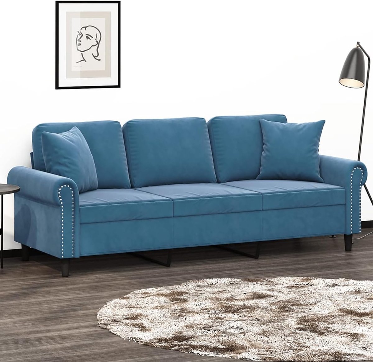 3-zitsbank met sierkussen, blauw, 180 cm, fluweel, voor woonkamer, appartement, kantoor, logeerkamer, 3200964
