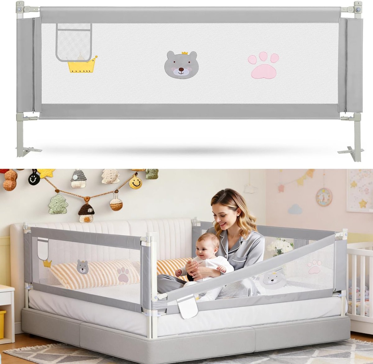 Bedhekje van 150 cm, bedhekje, valbeveiliging, bed, in hoogte verstelbaar, 70-98 cm, bedbeschermingshek, kinderbedhekje voor kinderen en ouderbedden, grijs