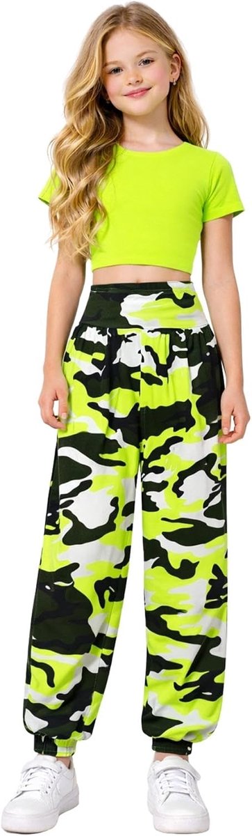 Kids Meisjes Neon Crop Top Army Gedrukt Alibaba Harem Leggings Co Ord 2 Stks Set, Neon Geel, 11-12 Jaren