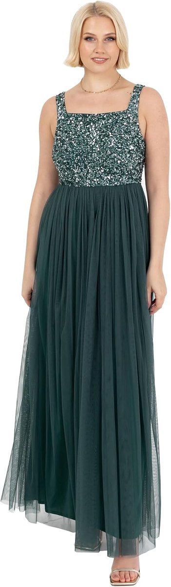 Deluxe Dames Maxi Brede Bandjes Mouwloze Vierkante Halslijn Verfraaid voor Bruiloft Gast Prom Bruidsmeisje Jurk Smaragdgroen Maat 26, Emerald Groen, 52