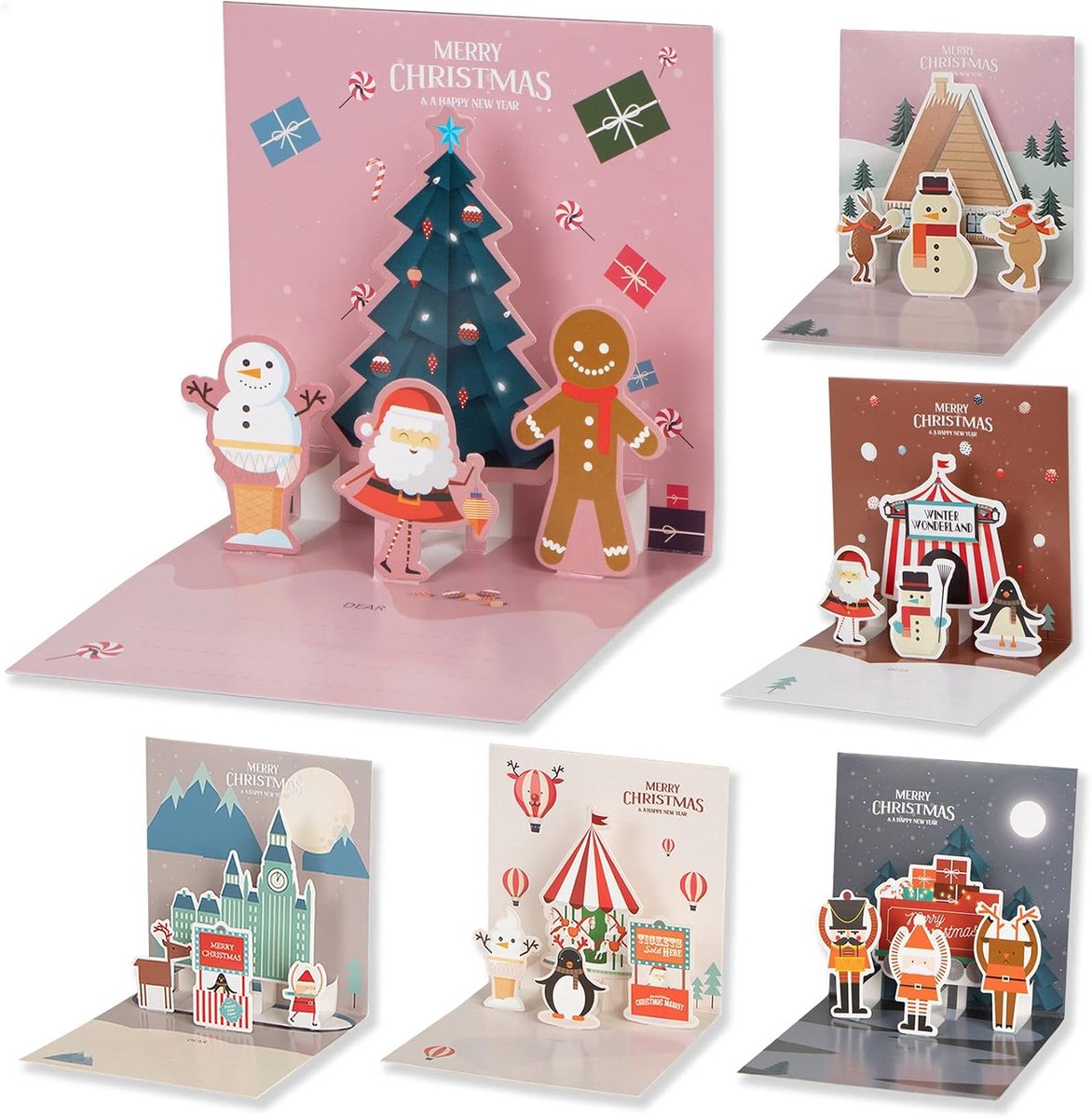 3D-kerstkaart, pop-up kaart, verpakking van 6 stuks, Kerstmis, 3D-wenskaart met envelop, hoogwaardig papier, pop-up kerstman, peperkoekmannetje, wenskaart, ideaal voor familie en vrienden, kerstwensen