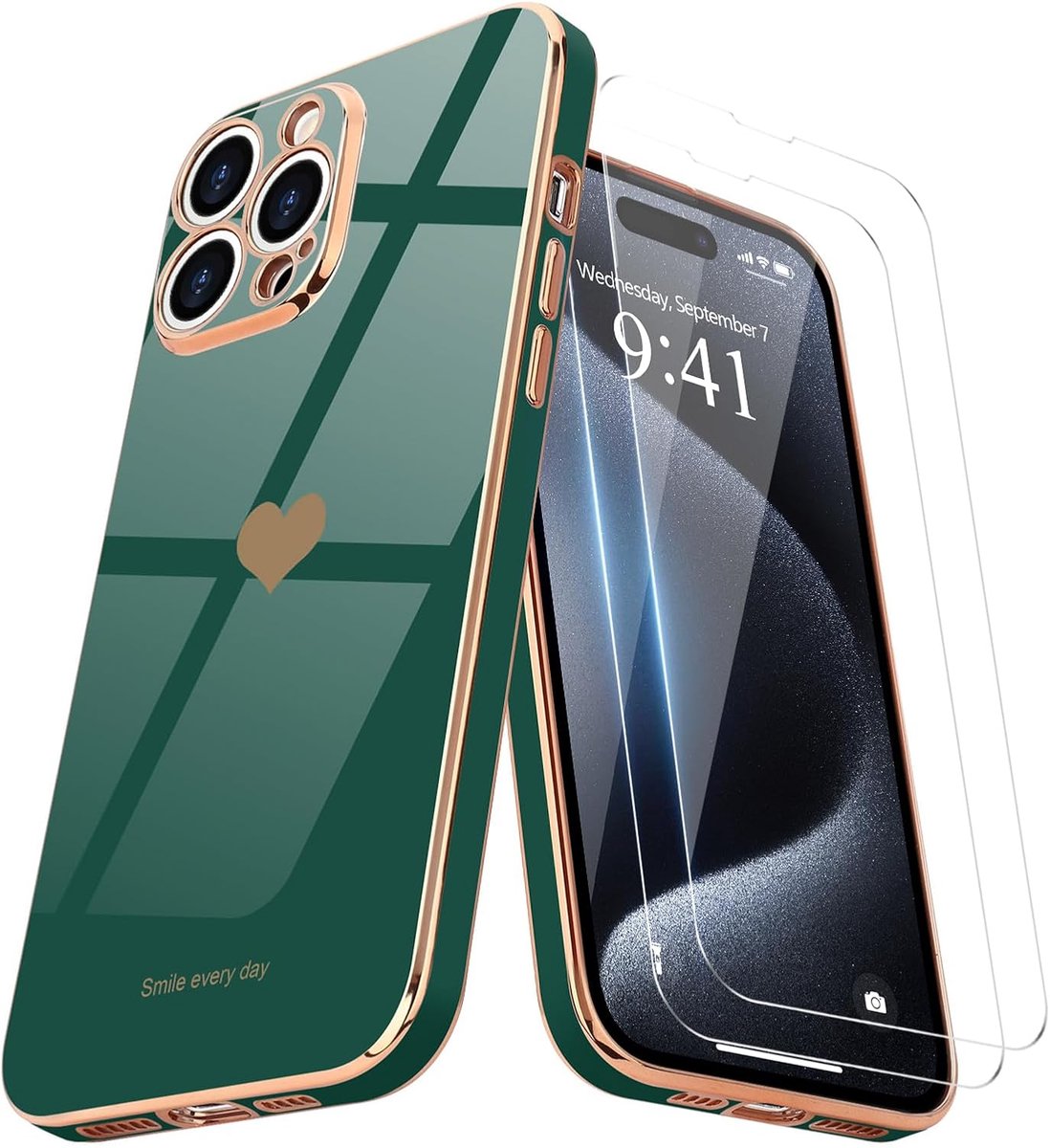 Compatibel met iPhone 15 Pro Max hoes + 2 stuks beschermfolie, meisjes hart hoes Gegalvaniseerde zachte TPU camerabescherming krasbestendige beschermhoes voor iPhone 15 Pro Max, donkergroen