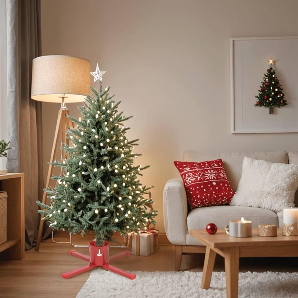 Kerstboomstandaard, rood, 61 x 61 x 15,5 cm, kerstboom voor woonkamer, kantoor of kerstmarktdecoratie4018976