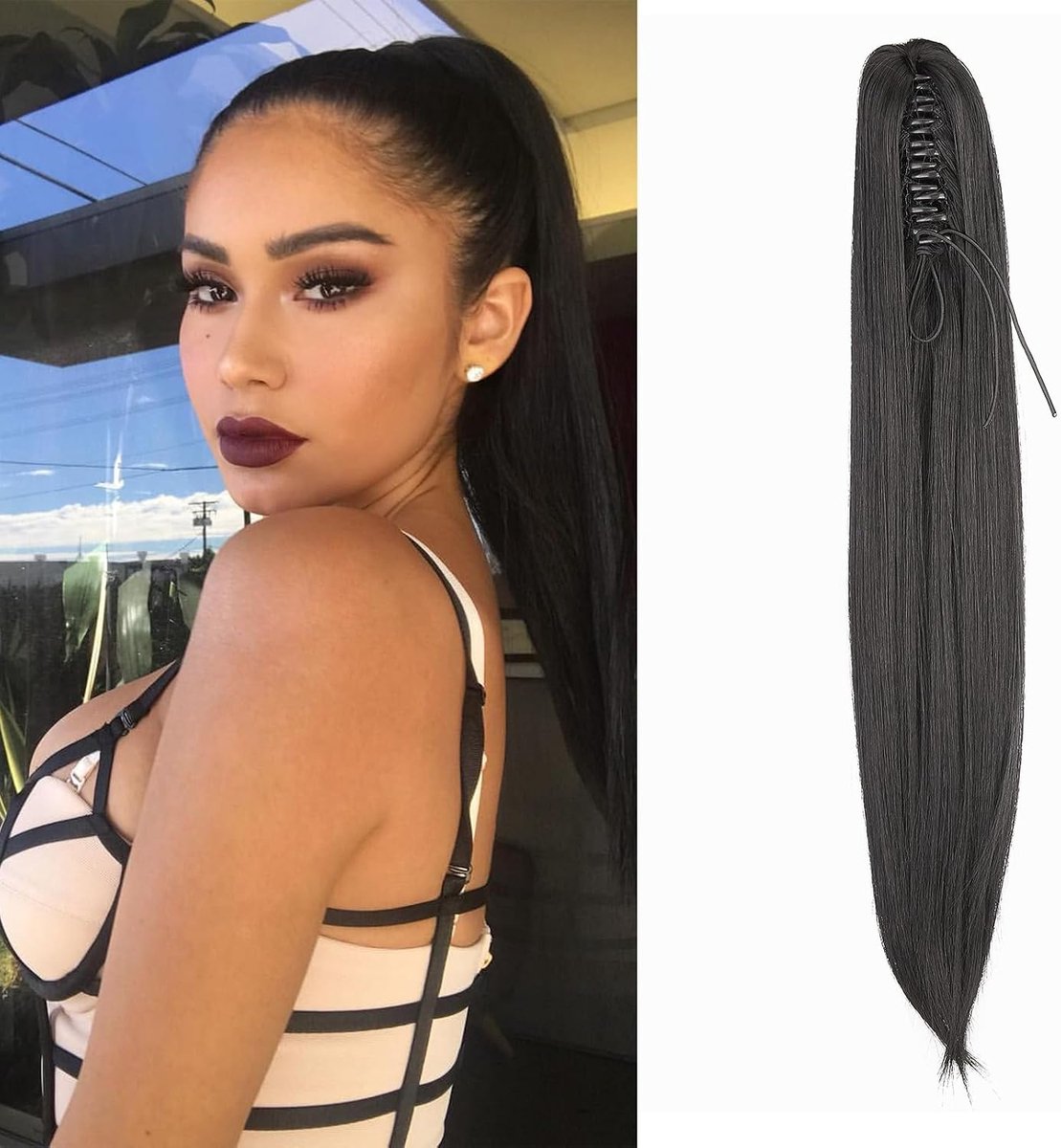 Klauw op Paardenstaart Haarstuk Vlecht Verlenging Rechte Lange Paardenstaart Extensies Haarverlenging Synthetische Ponytail, 50cm Zwart