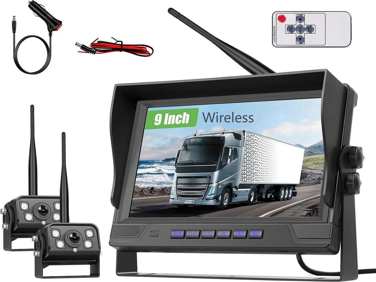 9 inch IPS-monitor, digitale draadloze achteruitrijcameraset, met dodehoekwaarschuwing, waterdichte achteruitrijcamera's, draadloze 2 camera's, nachtzicht, aanhanger/vrachtwagen/camper, 12V
