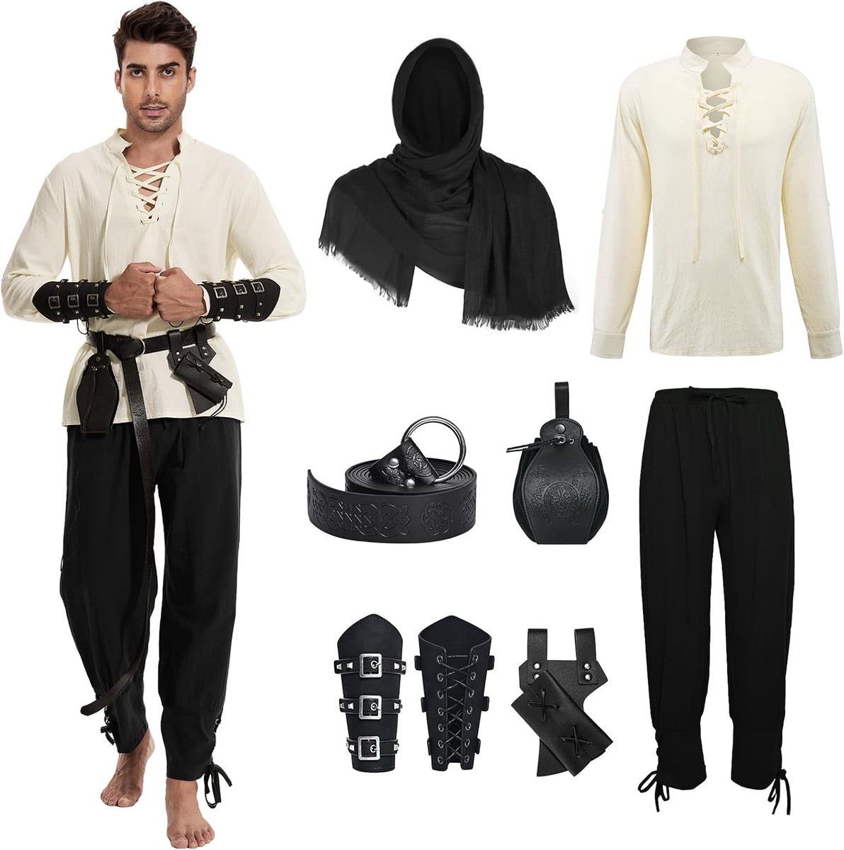 kleding voor heren, 7 stuks, renaissance-kostuumset, middeleeuws Viking-kostuum met piratenhemd, lange broek, riem, polsband