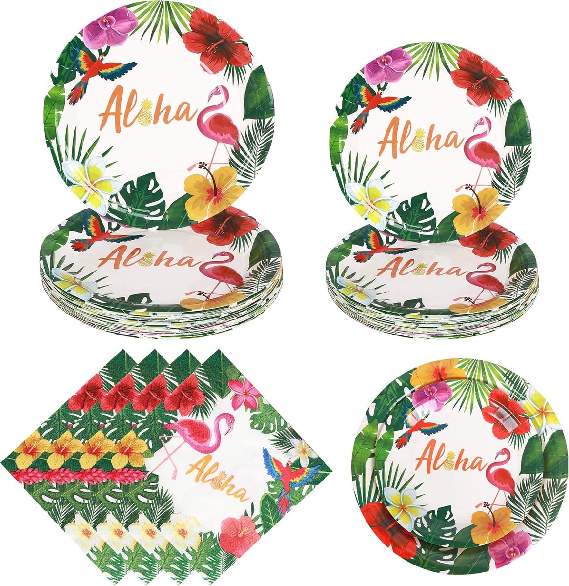 72 stuks Hawaiiaanse Aloha Feestbenodigdheden Servies Set, 24 Gasten Hawaiiaanse Aloha Party Diner Dessert Borden en Servetten - Luau Tropical Tiki Zomer Zwembad Papier Servies Set (Groen 1)