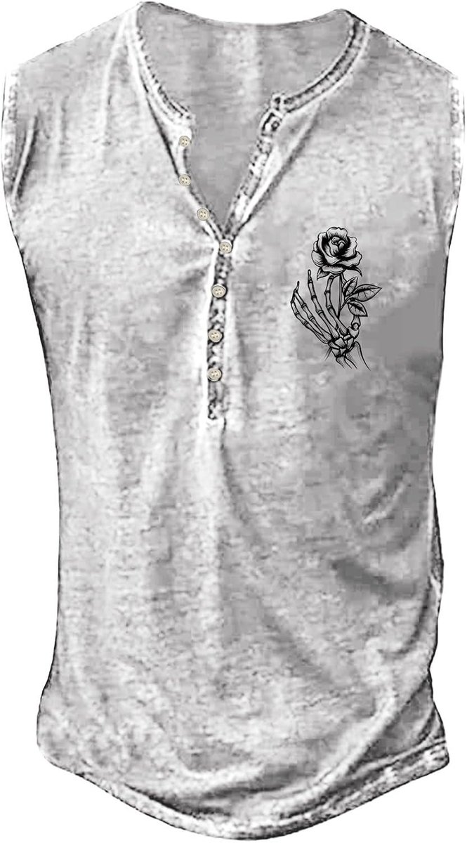 Mouwloos T-shirt voor heren, zomermode, retro, oude basic, knoopsluiting, kleine print, T-shirt, vest
