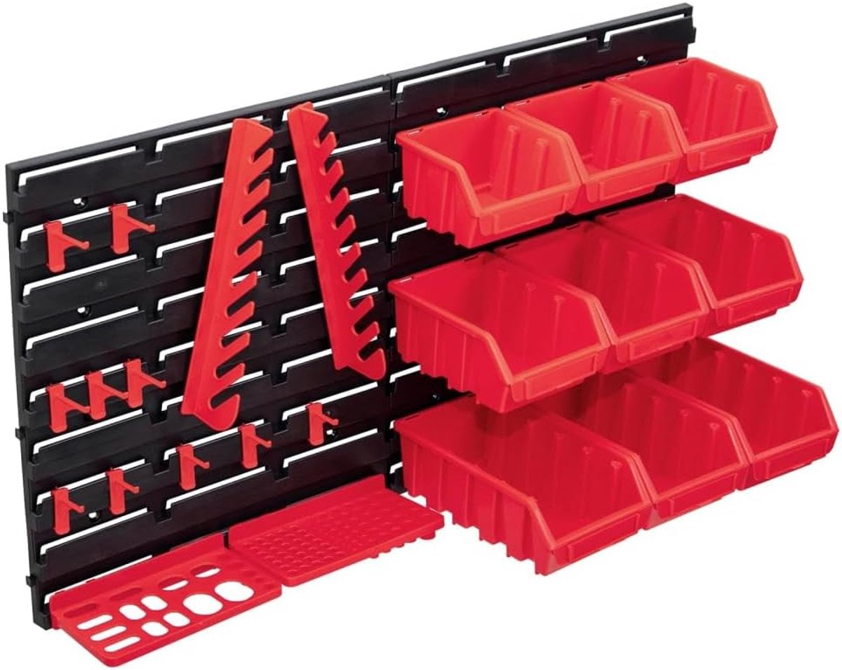 34-delig wandrek voor kleine onderdelen, gereedschapswand met stapelbare opbergbakjes, sorteerboxenset voor garage, werkplaats en hobbyruimte, rood zwart