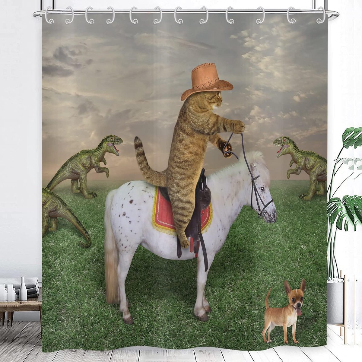 kat douchegordijn 180 x 200, westerse cowboy kat rijden op een paard op groen gras ranch met dinosaurus hond badkamer gordijnen schattige kinderen waterdichte polyester stof wasbare badgordijnen