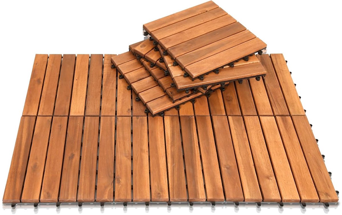 22 stuks / 2 m² acaciahout, balkonvloer, 30 x 30 cm, terrastegels, weerbestendig, terrasvloer buiten, kliktegels, terras, mozaïek voor tuin, terras, balkon (6 latten/stuk)