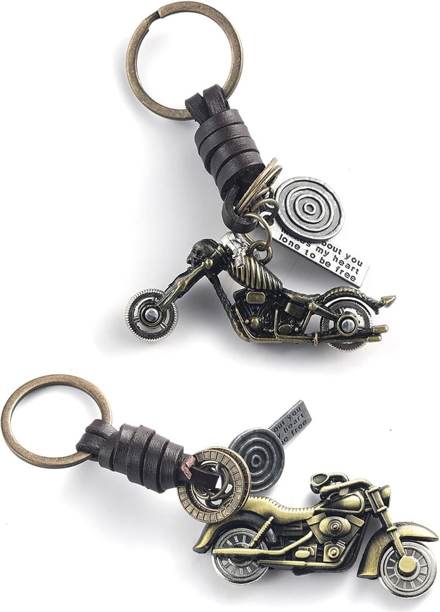 2 sleutelhangers van metaal en leer, gepersonaliseerd cadeau voor motorrijders, sleutelhanger met motorfiets, geluksbrenger, accessoire voor dames en heren, cadeau-idee