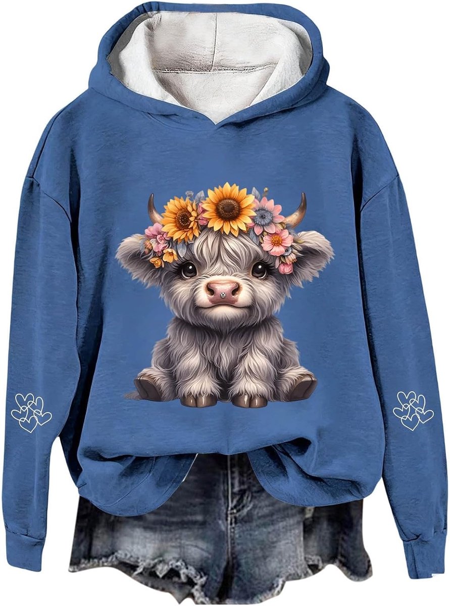 Hoodie met koeienprint, grafische western, feestelijke trui voor comfortabel fleece sweatshirt, vakantiethema top