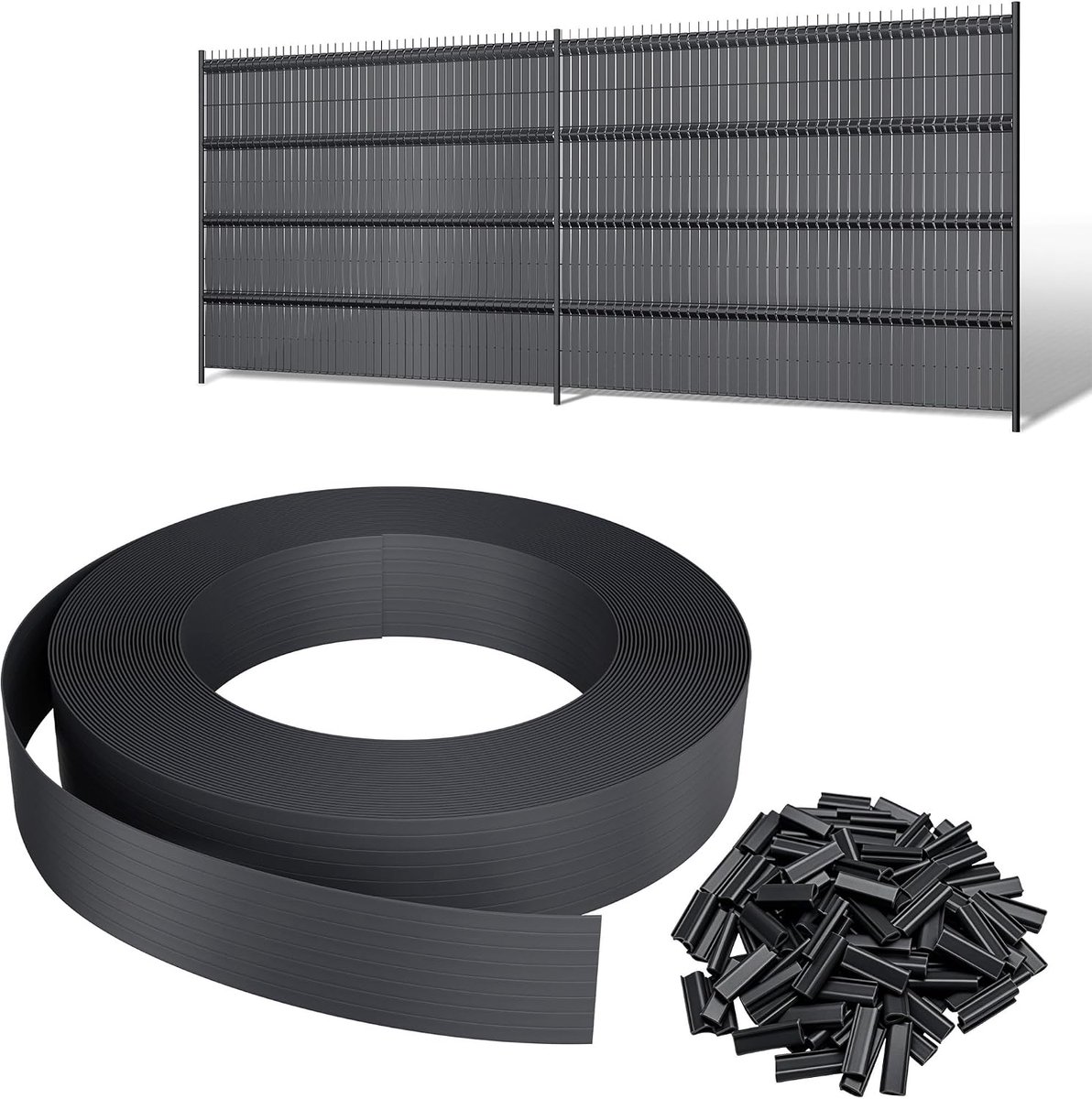 35 m x 4,7 cm zichtwerende strips voor dubbele staafmatten, pvc, inkijkbescherming, omheining, rol voor tuin, balkon, terras, antraciet incl. 50 clips