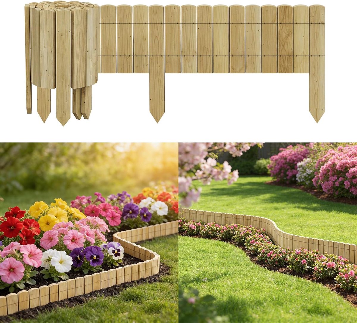 2 m x 40 cm flexibele gazonrand, hout, houten palissades, insteekhek voor tuin, bloembed, omranding, bedomranding, perkomranding, natuurlijke houtlook, naturel