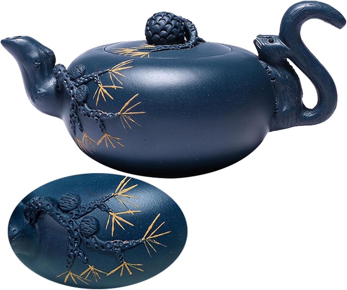 Chinese Yixing Klei Azuurblauwe Zisha Potten 8oz Gongfu Thee Handgemaakte Gesneden Unieke Eekhoorn Druif