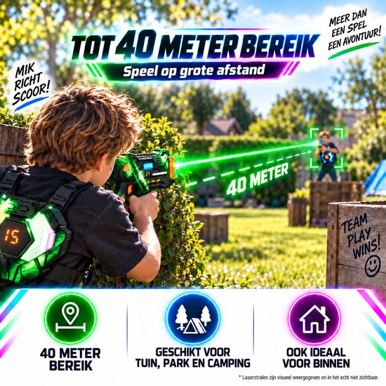 Kind speelt lasergame buiten met groen laserpistool en vest met 40 meter bereik. Geschikt voor tuin, park en binnen.
