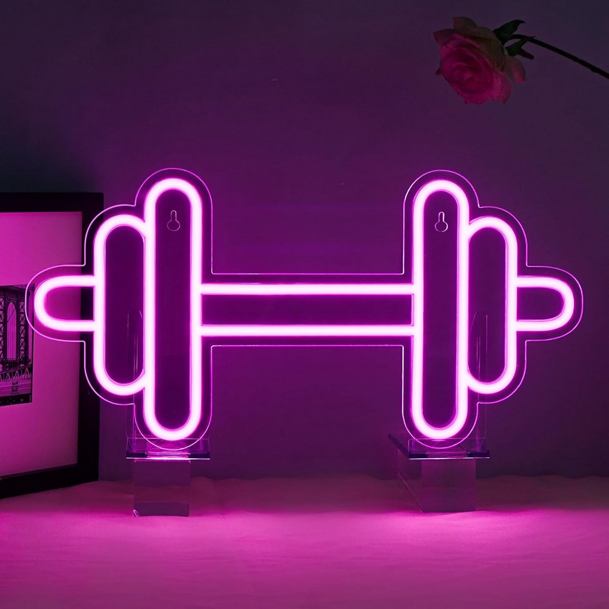 ineonlife Neon bord, halter, led-bord, roze neonbord voor fitnessstudio, wanddecoratie, halter, led-bord, dimbaar, gym neonbord voor sportschool, fitness, club trainingsruimte