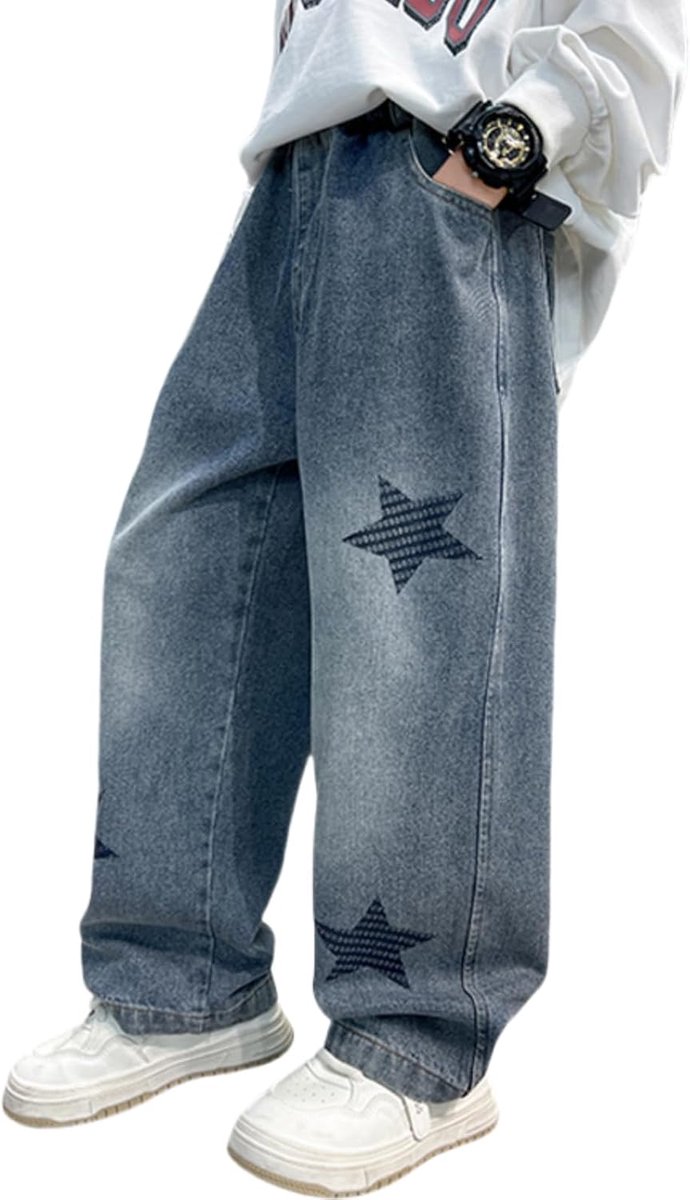 Jeans voor jongens, brede pijpen, elastische taille en meerdere zakken, cargobroek jeans voor kinderen