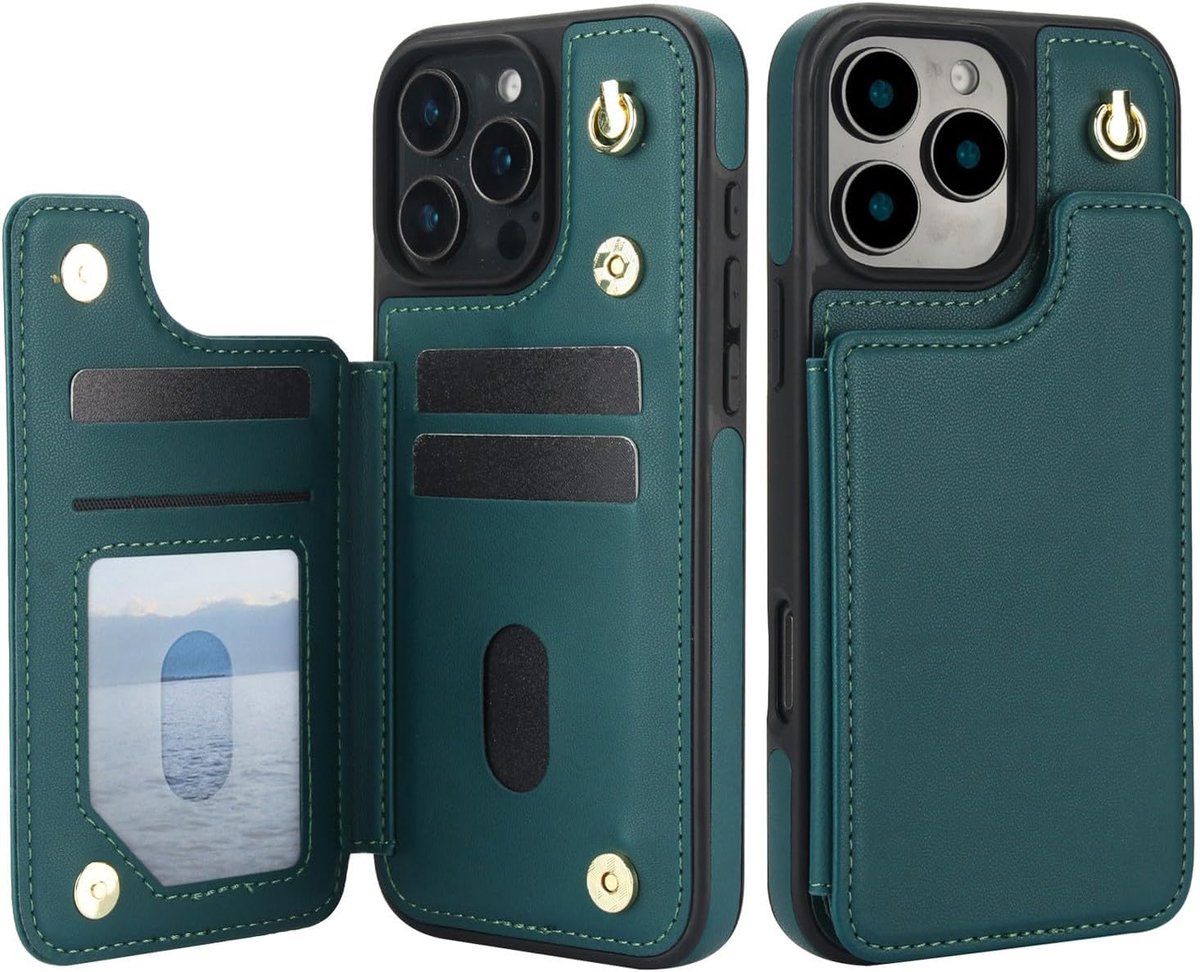 Hoesje voor iPhone 14 (Kleur: Groen) - Lange riem lederen riem portemonnee hoesje Flip Stand Cover
