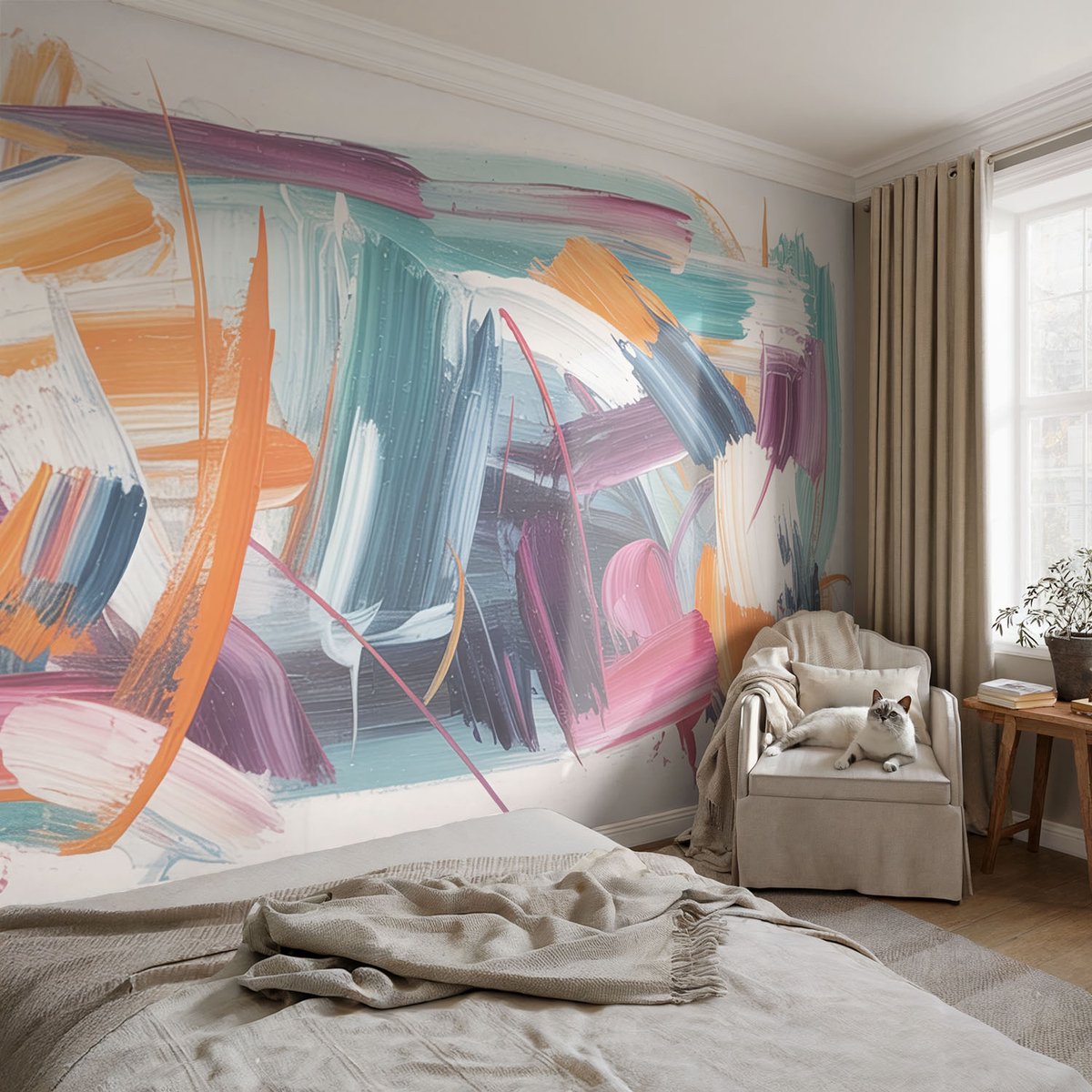 Coloray Vliesbehang - Grijs Snellijm Behang - 104x70 cm - Krachtige Slagen Muurschildering - Gang behang Abstractie - Fotobehang Vlies - Slaapkamer behang
