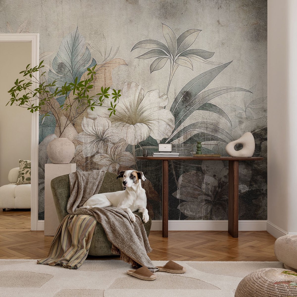 Coloray Vliesbehang - Grijs Snellijm Behang - 104x70 cm - Bloemendroom Muurschildering - Gang behang Bloemen En Planten - Fotobehang Vlies - Slaapkamer behang
