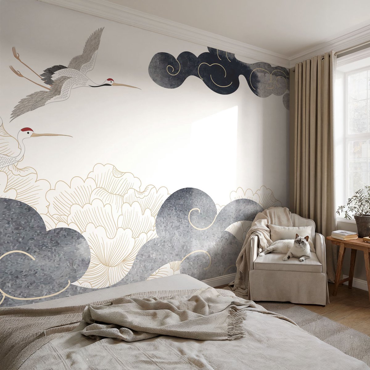 Coloray Vliesbehang - Wit Snellijm Behang - 104x70 cm - Kraanvogels In Vlucht Muurschildering - Gang behang Dieren - Fotobehang Vlies - Slaapkamer behang