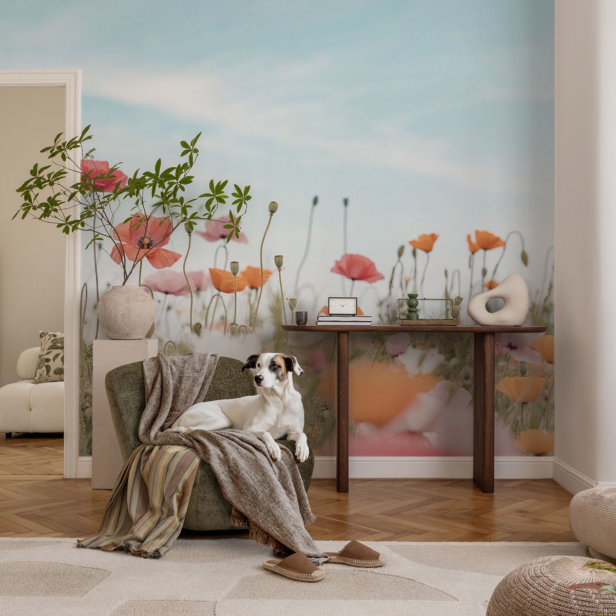 Coloray Vliesbehang - Blauw Snellijm Behang - 104x70 cm - Klaprozen Muurschildering - Slaapkamer behang Bloemen En Planten - Fotobehang Vlies - Gang behang