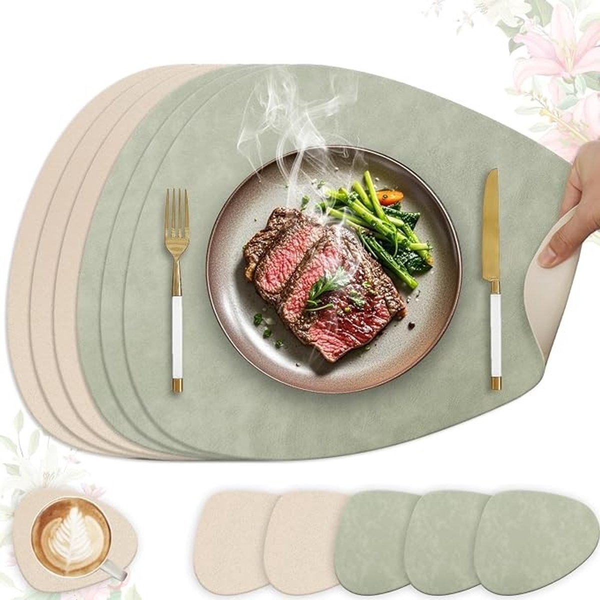 Livatto Set van 6 Wasbare Placemats en Onderzetters – Waterdicht Kunstleer – Antislip – Ovaal – Saliegroen en Beige
