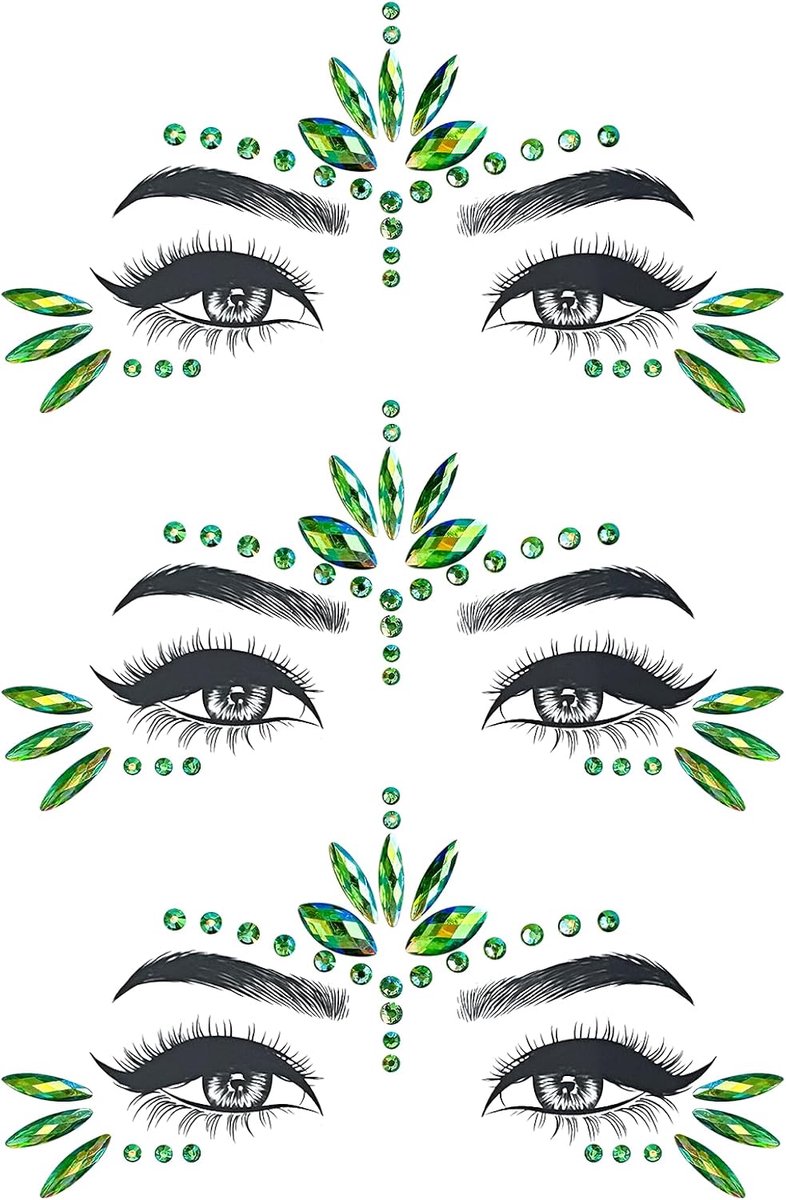 Set van 3 groene edelstenen gezichtstatoeages, waterdichte kristallen strass gezicht glitter voor festival, carnaval, bruiloft feesten, zelfklevende sierstenen voor wang lichaam