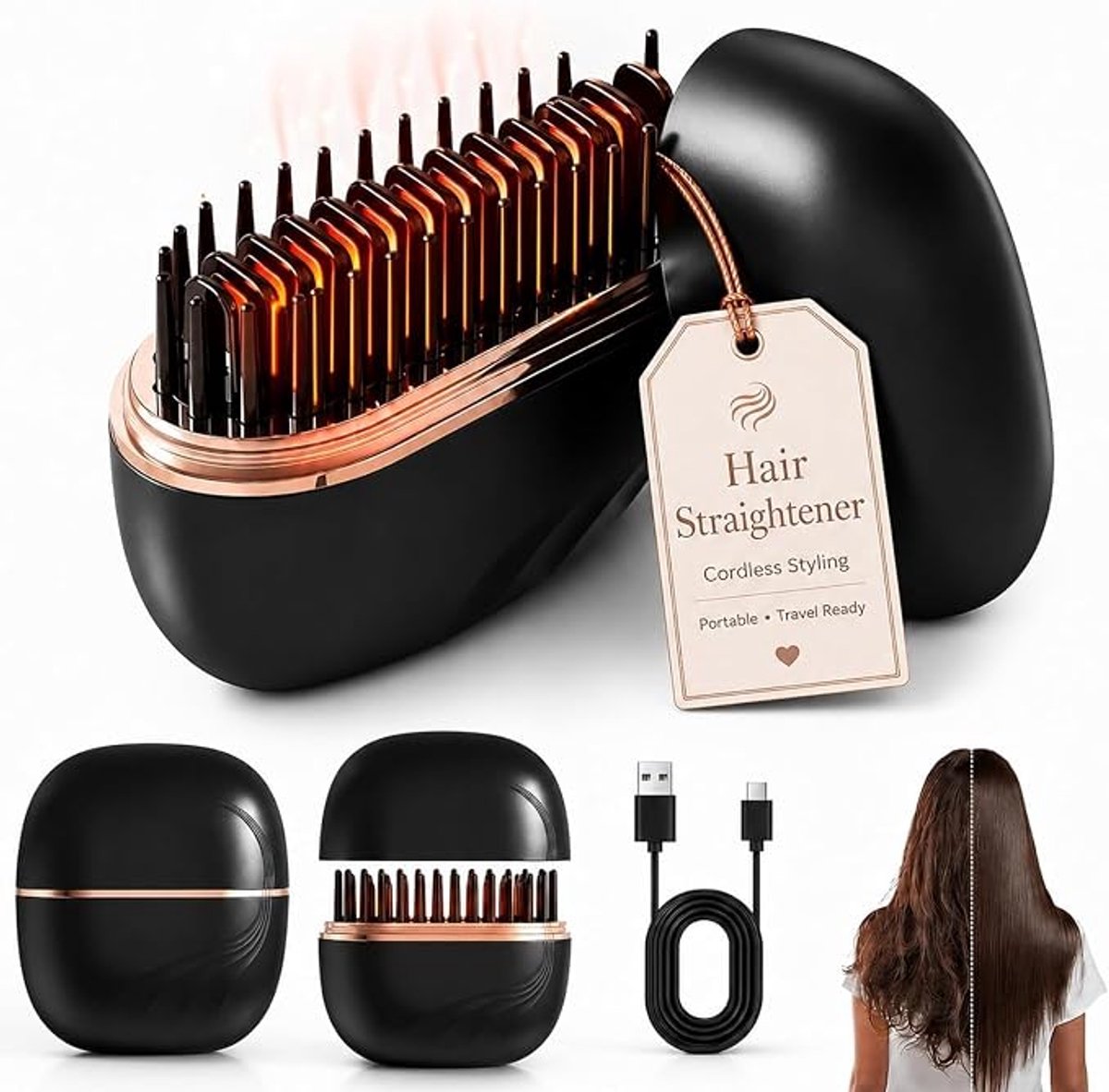 Draadloze stijltang - Mini Stijltang - Reisstijltang - Verwarmde kam - Draagbare stylingtools - Compact en lichtgewicht - USB-interface - Instelbare temperatuur - Cadeaus voor vriendinnen - Ideaal voor dagelijks gebruik en als reisaccessoire - Zwart