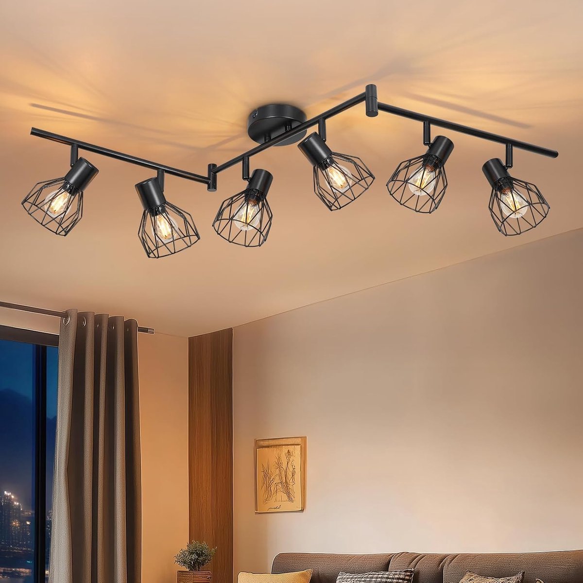Plafondlamp, spots, draaibaar, zwart, spot, met fitting E14, plafondlamp, 6 plafondspots, voor binnen, keuken, slaapkamer, woonkamer, max. 40 W, zonder lampen