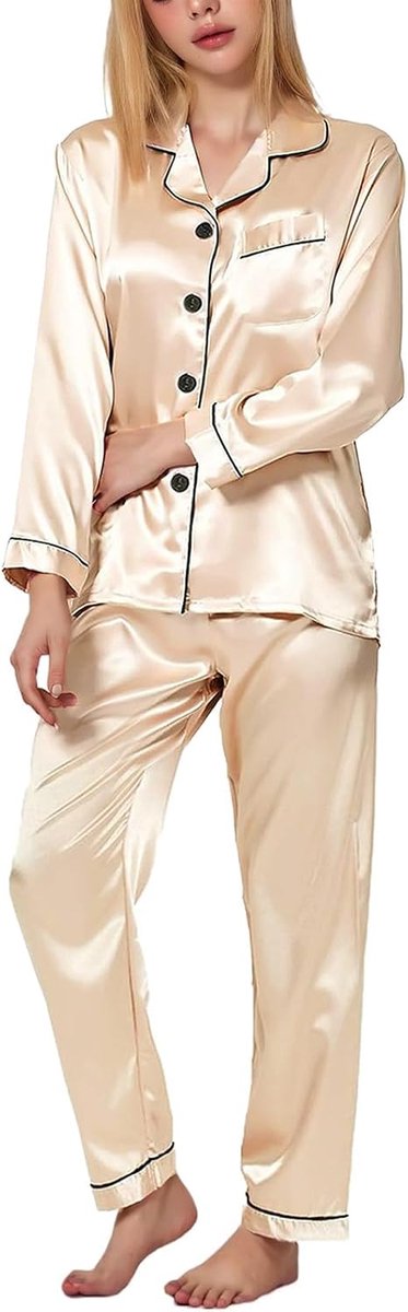 Pyjama voor dames, lang, modieuze damespyjama, tweedelige nachtkleding, huispak met knoopsluiting, knuffelpyjama's en pyjamabroek