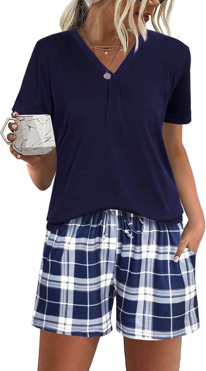 damespyjama van katoen, zomerset, korte mouwen, loungewear sleepwear, tweedelig, met V-hals