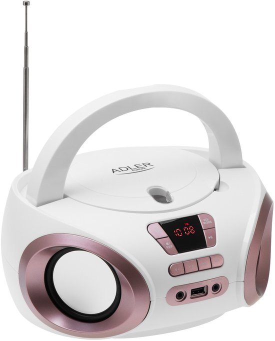 Witte boombox met roze accenten, draaghandvat, uitschuifbare antenne en display.