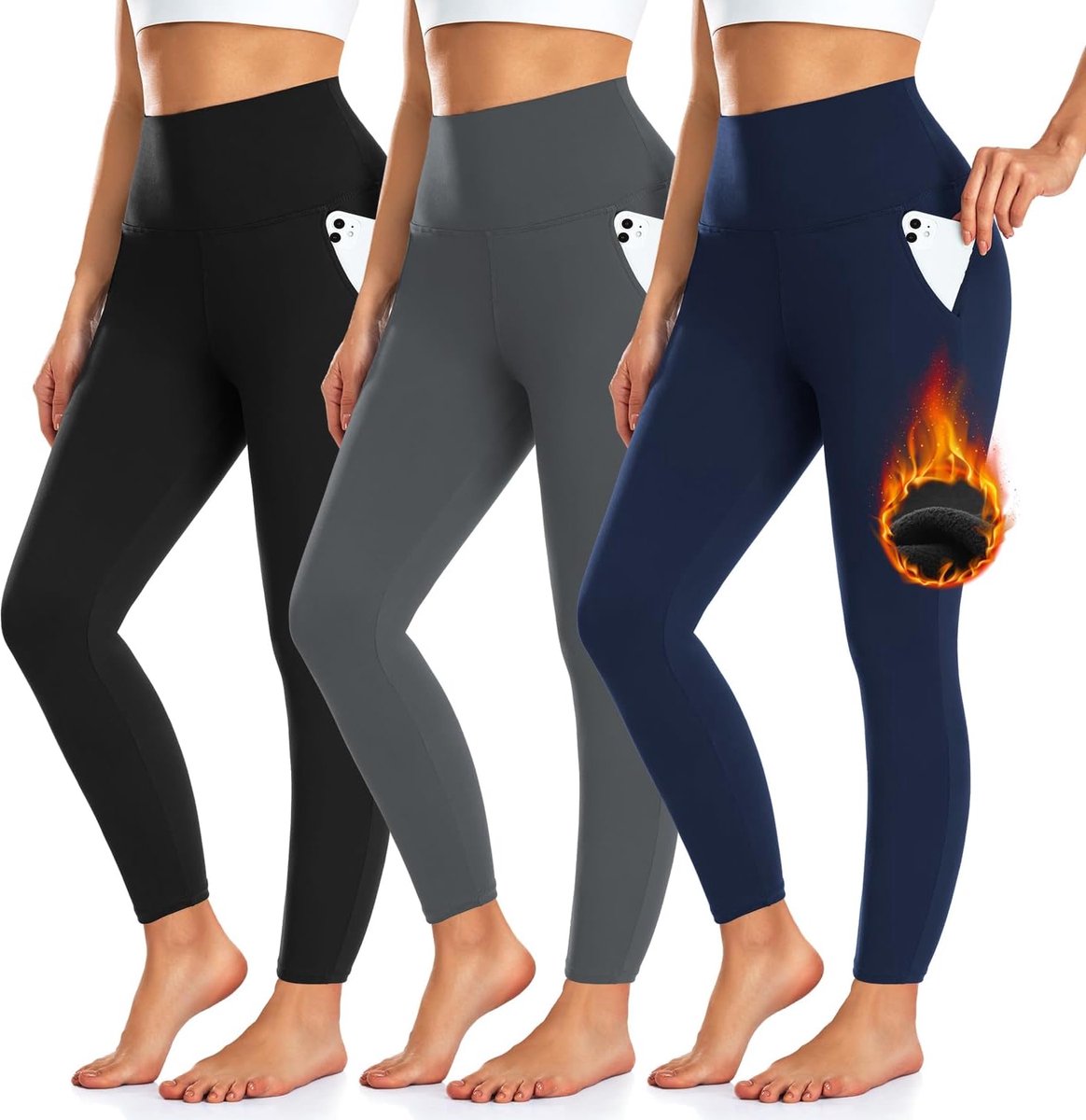 Thermoleggings dames - 3-delige set met fleecevoering, hoge taille en zakken - warme winterleggings voor yoga, hardlopen en dagelijks gebruik - zwart, grijs en marineblauw