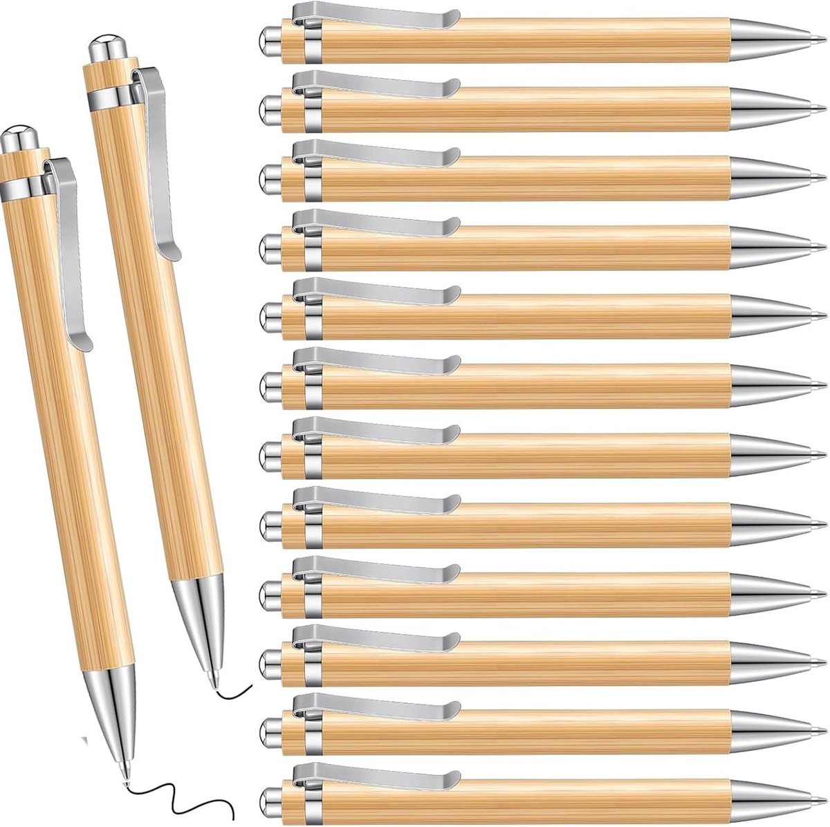 Set van 12 Inspirerende Pennen, Hoogwaardige Houten Intrekbare Balpennen, Motivatiepennen met Quotes, Zwarte Inktpennen voor Medewerkers, Collega's, Kantoor, School, Examens