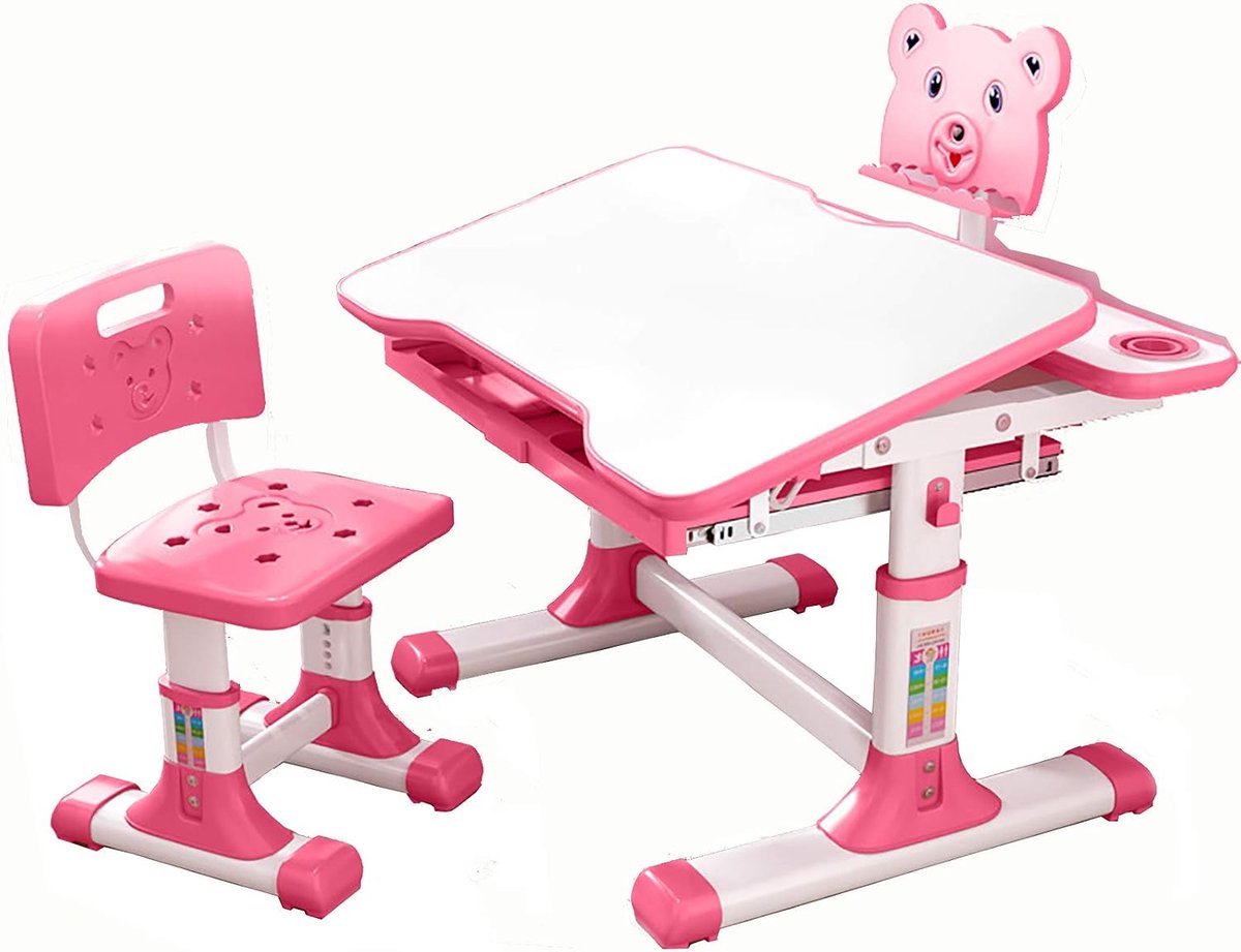 Bureau en stoel voor kinderen, in hoogte verstelbaar schoolbureau voor kinderen met kantelbaar bureaublad, boekenstandaard, metalen haak en opberglade voor jongens, meisjes-60cm (roze)