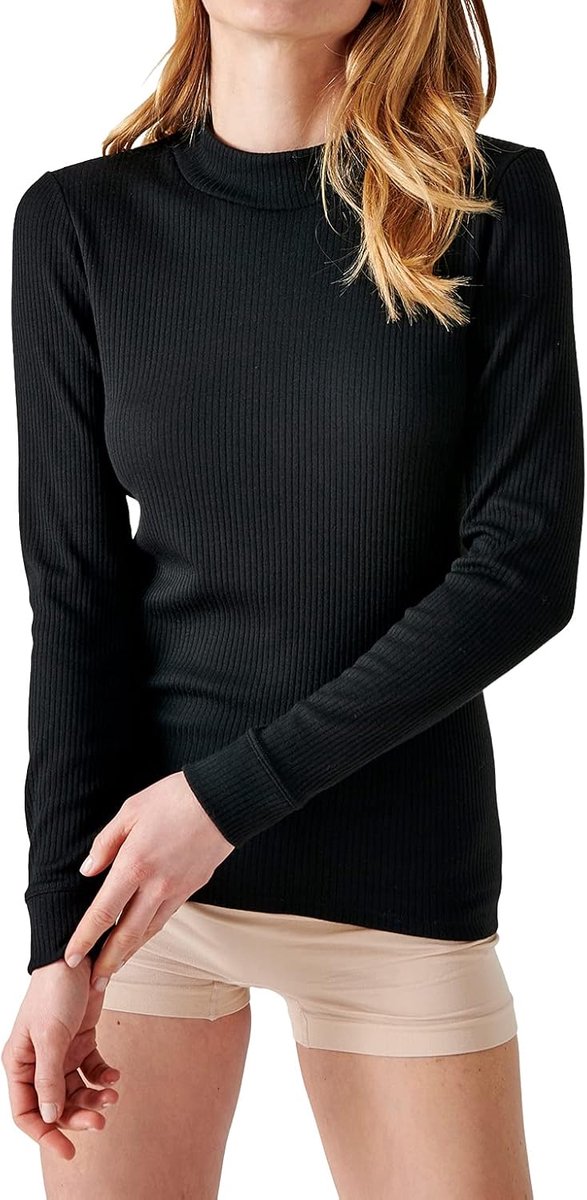 Thermolactyl T-shirt met opstaande kraag, fleece rib, damesondergoed, Zwart, XS