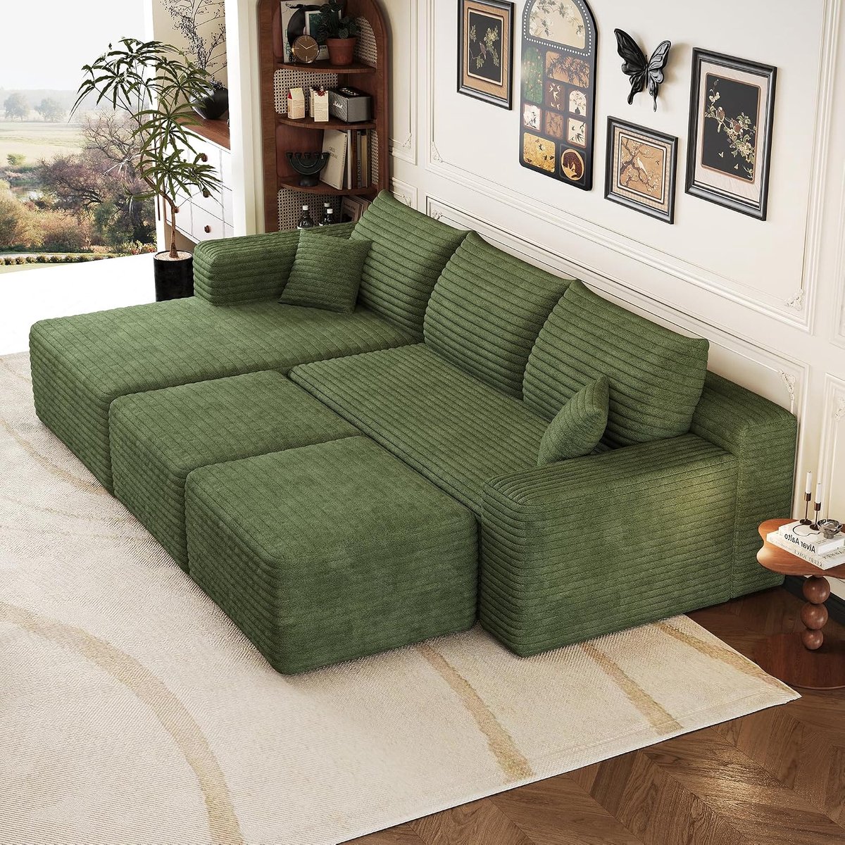 241 cm modulaire U-vormige cloud bank met chaise longue, 5-zits corduroy bank met extra diepe zitting, moderne boneless lounge bank zonder montage, voor woonkamer (groen, 3-zits + 3)