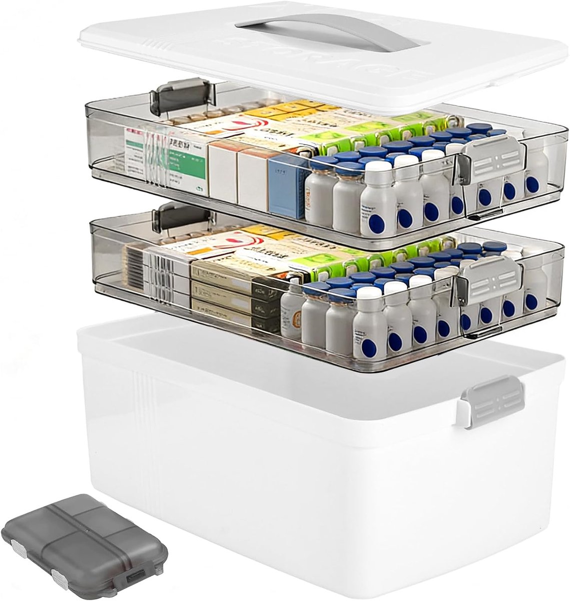 Medicijnbox,3-Laagse Medicijnopslag,Medicijnopbergdoos Multifunctionele Medicijnbox met Transparant Deksel,Multifunctionele Organizer,Draagbare Handgreep en Verwijderbare Vakken